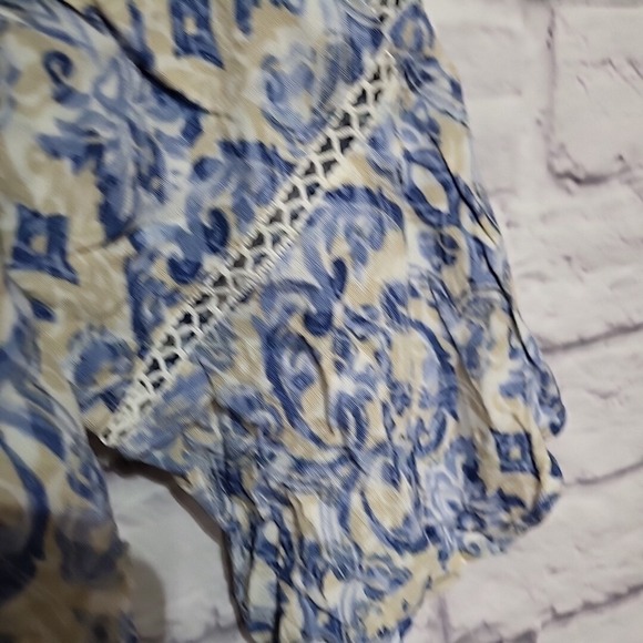 Lark Lane 2X Blue Cream Patterned Peasant Blouse Top Bohemian Tunic Women - Picture 6 of 8